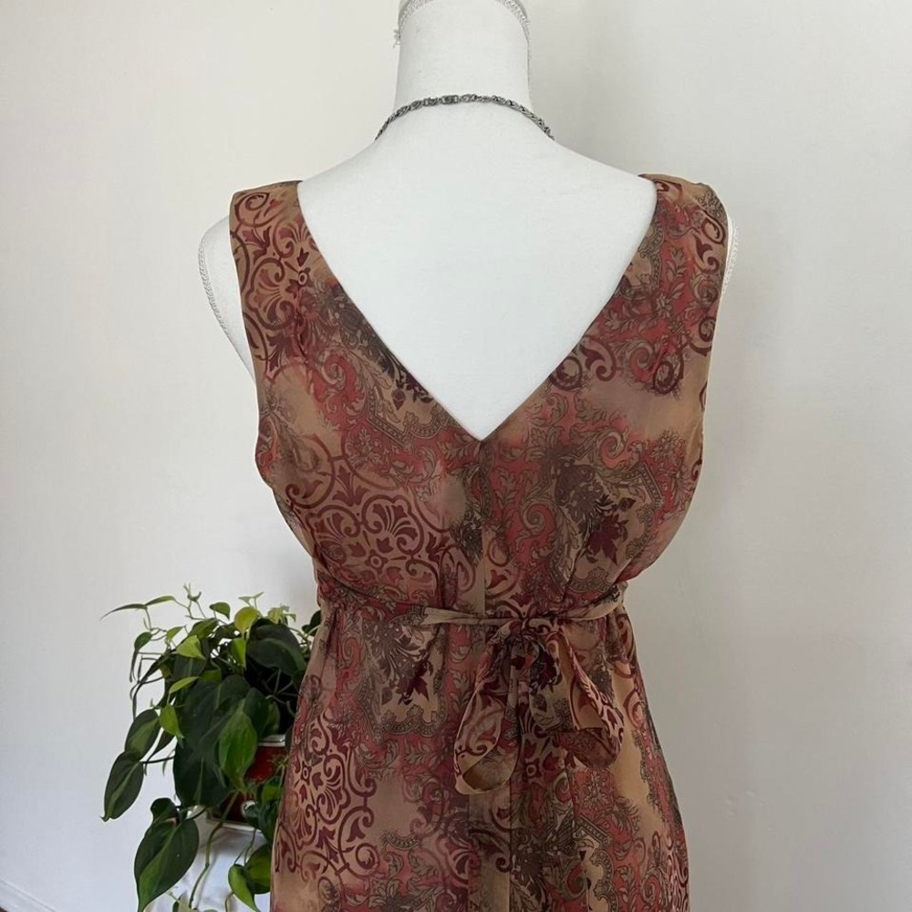 Vintage Y2K 90s Orange Brown Paisley Midi Dress with Sheer Ruffle Hem M Fairy - Picture 5 of 8